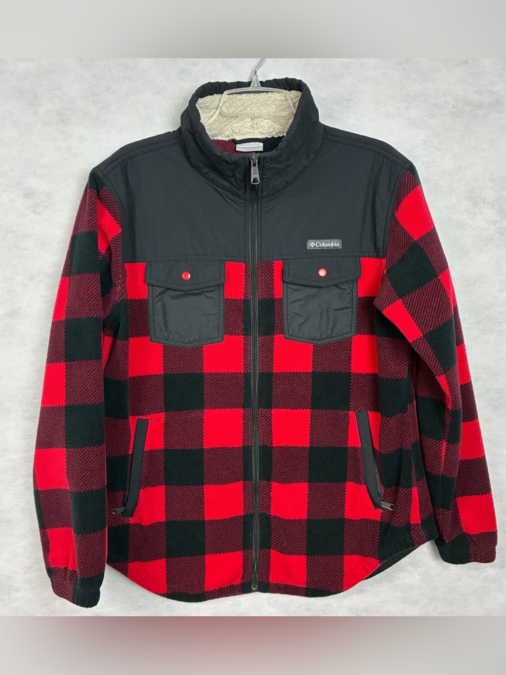 Columbia Benton Springs Fleece Jacket Large Red Black Buffalo Plaid Outdoor Flaw